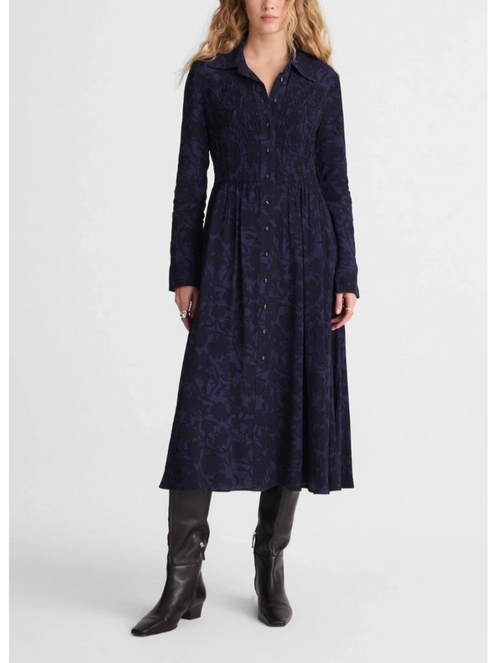 Madewell Navy Blue Long Sleeve Button Front Smocked Midi Shirt Dress 00 NWT